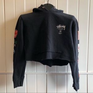 Stussy cropped black hoodie sweatshirt tour flags